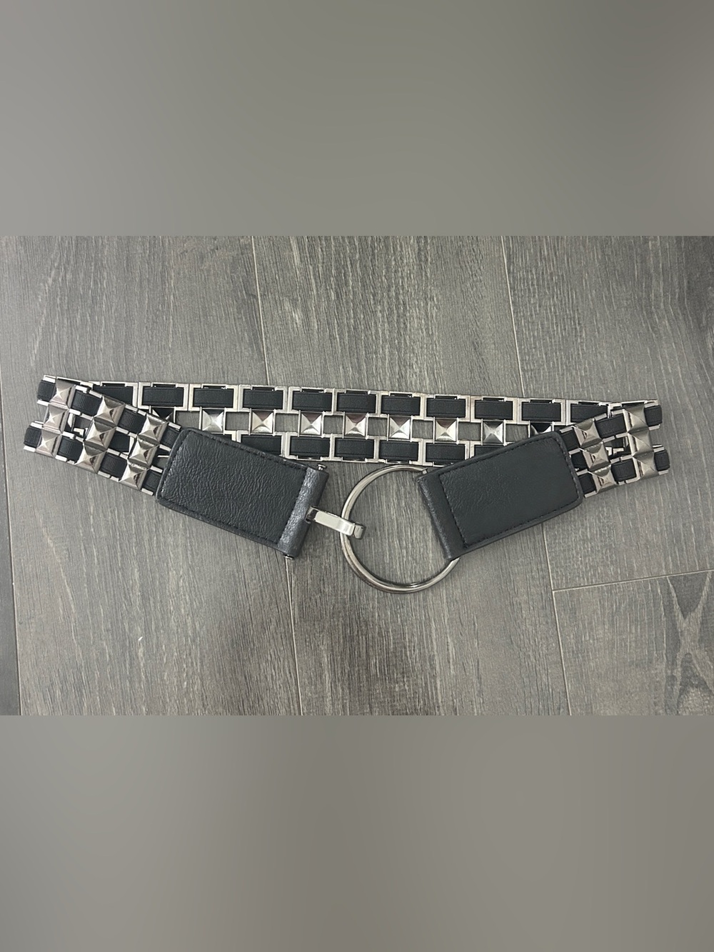 Vintage 2000s Y2K Grunge Silver Studded Belt Black Faux Leather O-Ring Size XS/S